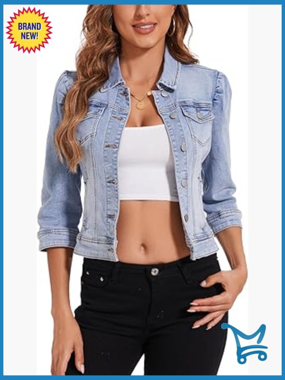 Women's Cropped Jean Jacket Stretchy 3/4 Puff Sleeve Distressed Pockets